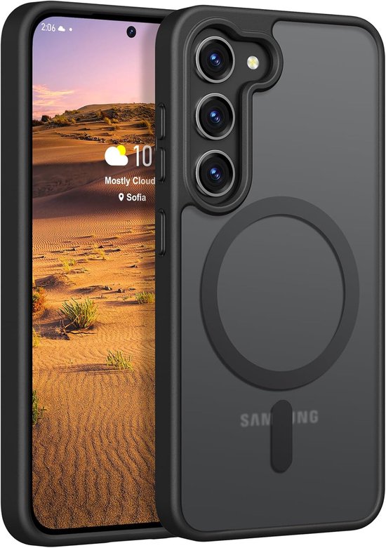 Coque de téléphone noire pour Samsung S23 avec dos transparent et anneau MagSafe, montrée à côté du téléphone avec une application météo.