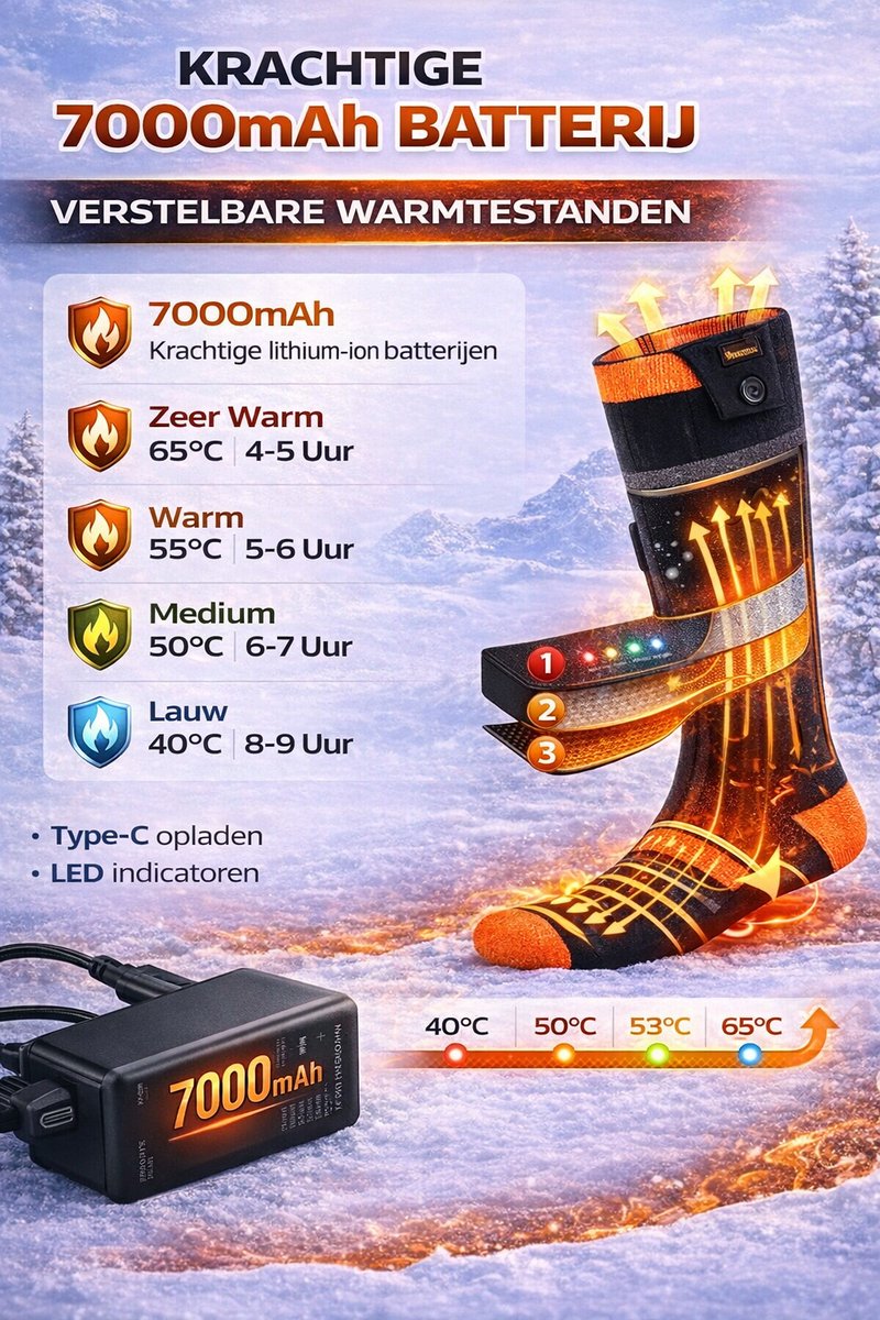 Verwarmde Sokken Oplaadbaar - Verwarmde Sokken Met Batterij - Verwarmde Sokken Met Accu - Elektrische Sokken - 7000mAh Batterij - 4 Warmtestanden - 9 Uur Constante Warmte - Voor Binnen & Buiten - Maat 36-43 — cadeau in Sport & Outdoor - foto 3