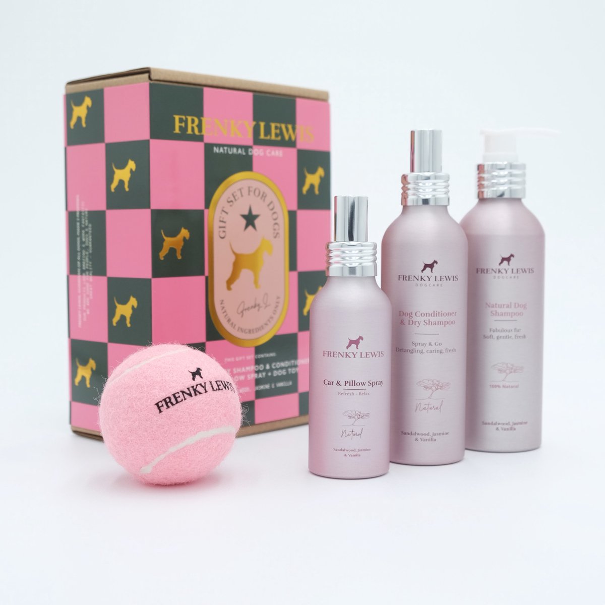 Luxury Gift Set 200ml Dog Shampoo + 150ml Dog Conditioner & Dry Shampoo - Car & Pillow Spray +Dog Toy - Sandalwood, Jasmine & Vanilla