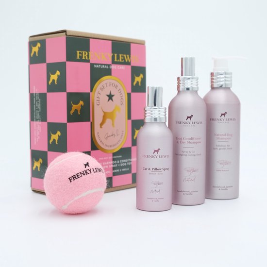 Frenky Lewis hondenverzorgingsset met shampoo, conditioner, spray en speeltje. Roze en groene ruitjes.