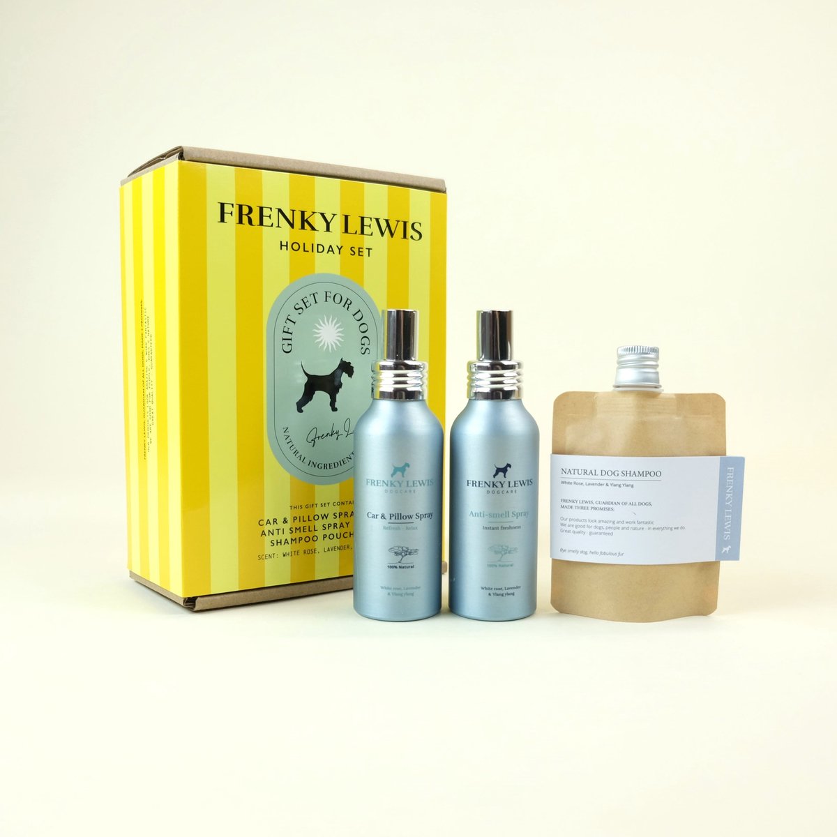 Holiday set - 100ml Car & Pillow Spray + 100ml Anti Smell Spray + 30ml Shampoo pouch - White Rose, Lavender, Ylang Ylang