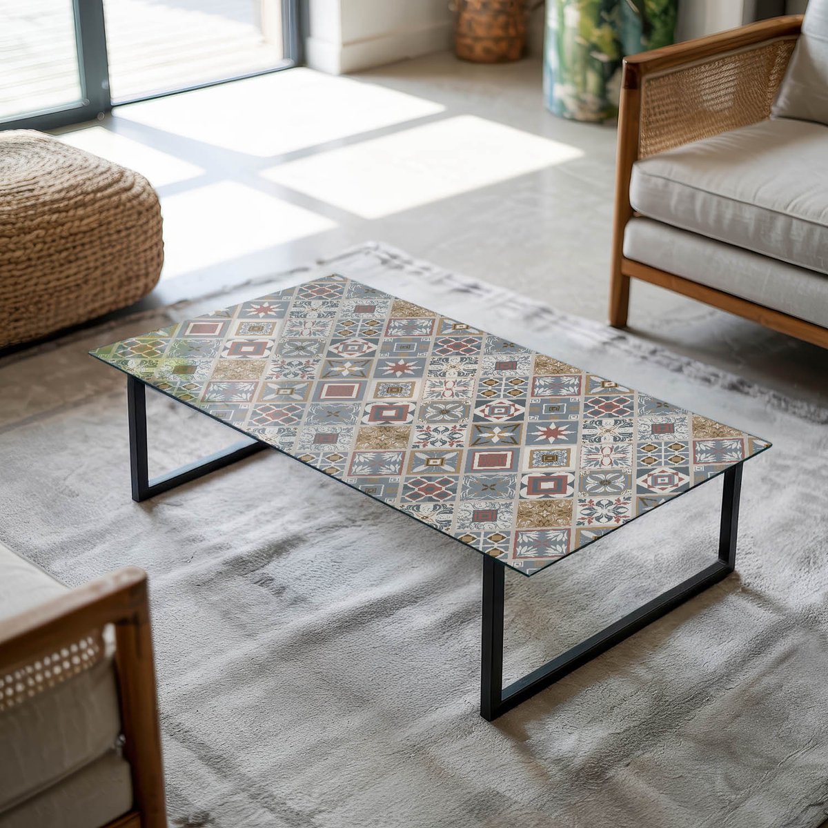 Coloray Tafelblad - Salontafel Blad - 140x70 cm - Grijs - Rechthoek Glazen Tafelblad - Glazen Blad - Tafelblad Van Gehard Glas - Tuintafelblad - Tafelblad Buiten woonkamerdecoratie Grijs - Ornamenten in mozaïekstijl