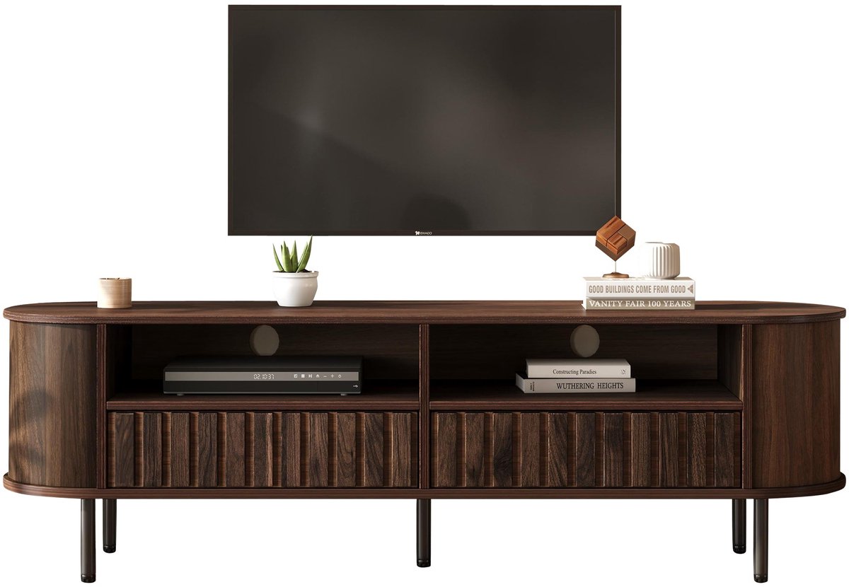 Merax Televisiemeubel Met 2 Lades En Open Vakken - Laag Tv Meubel In Walnootlook - 160 X 40 X 48 Cm - Voor Televisie Tot 65 Inch