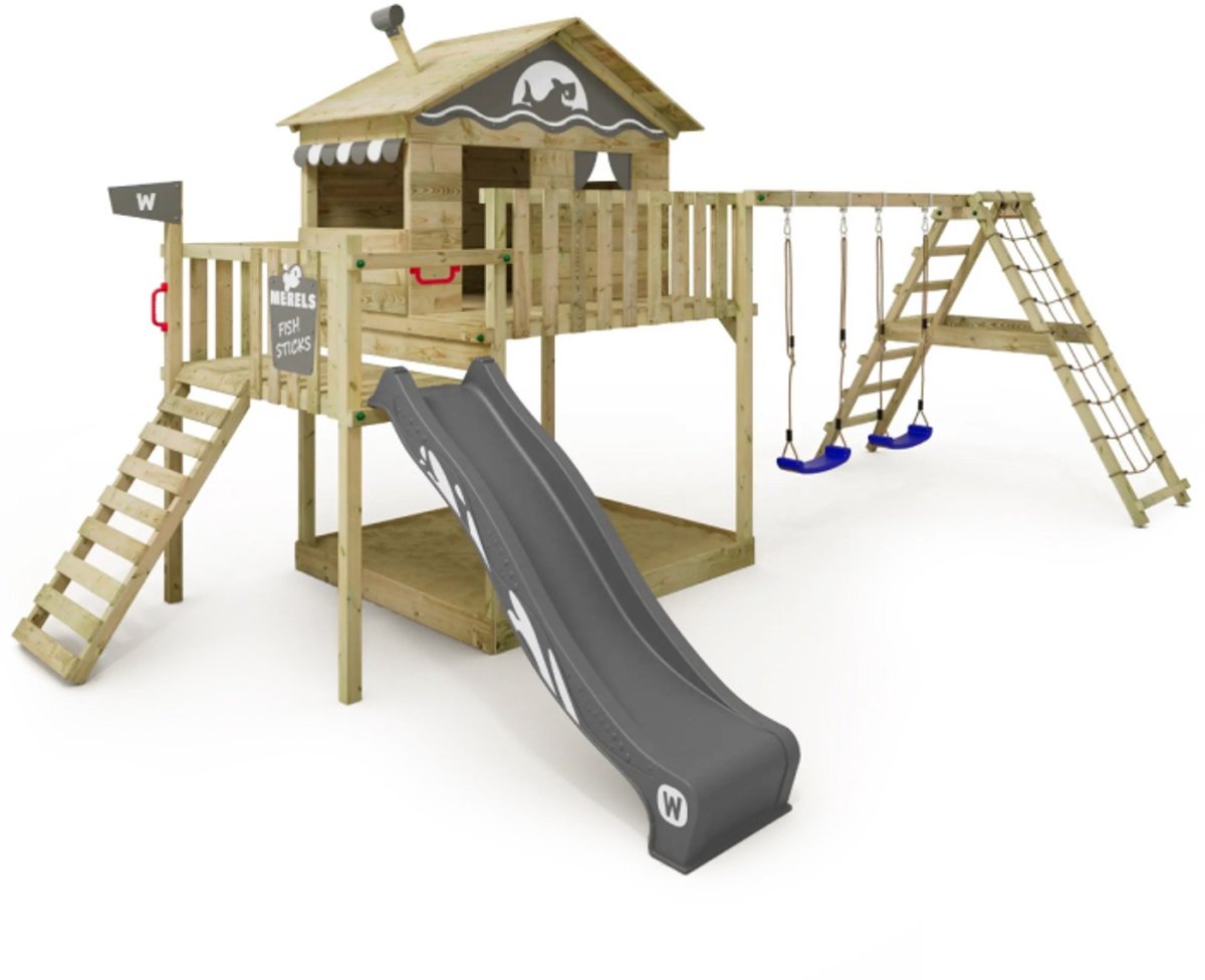 Wickey Smart Ocean Speeltoestel - Dubbele schommel met Glijbaan en Speelhuisje - Klimnet & Winkel - 630x389x305 cm - Grijs