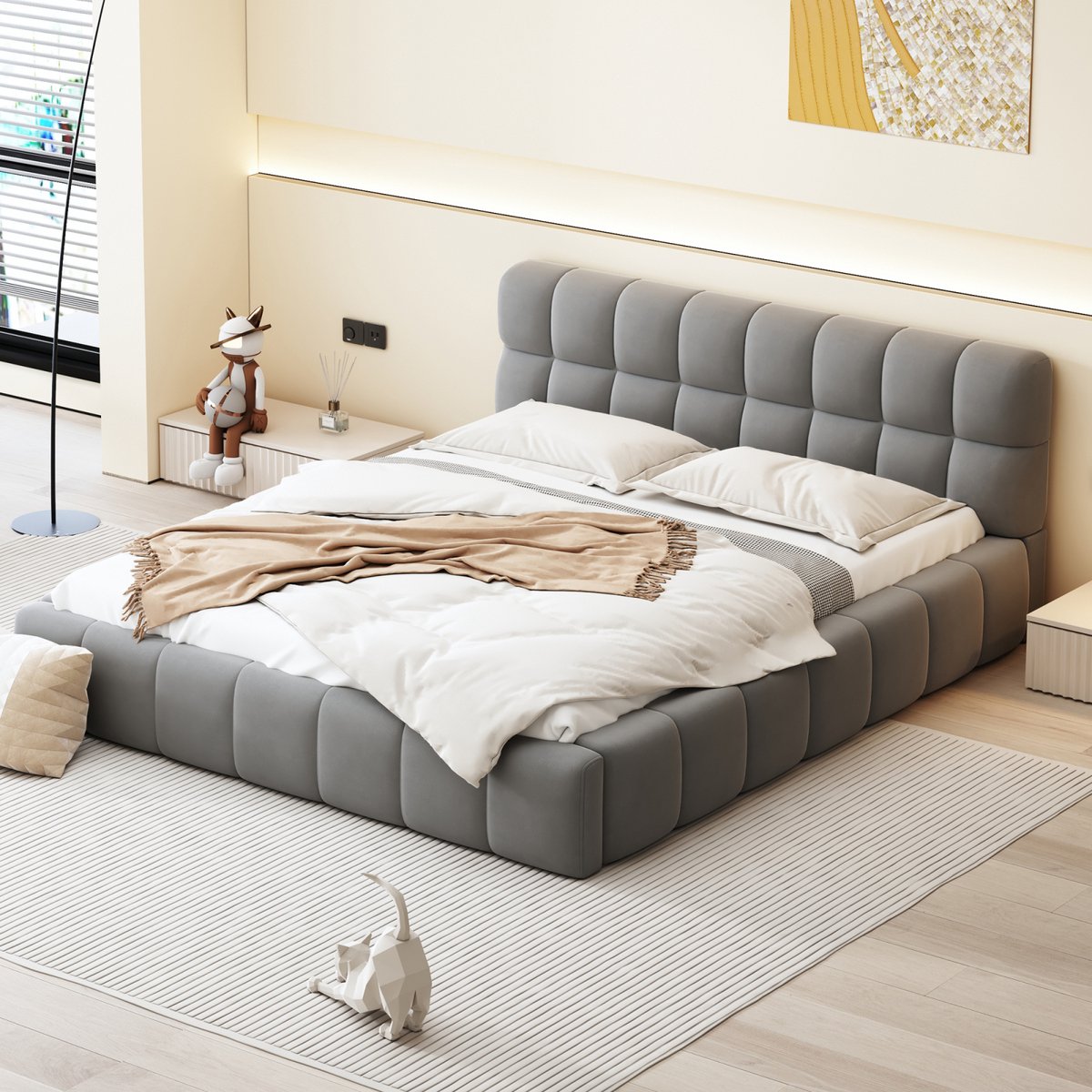 Laag Polsterbed met Linnen Bekleding – Zacht Volledig Gestoffeerd Bedframe met Verzonken Plaatsing voor Matras, 140 × 200 cm (Tweepersoons)