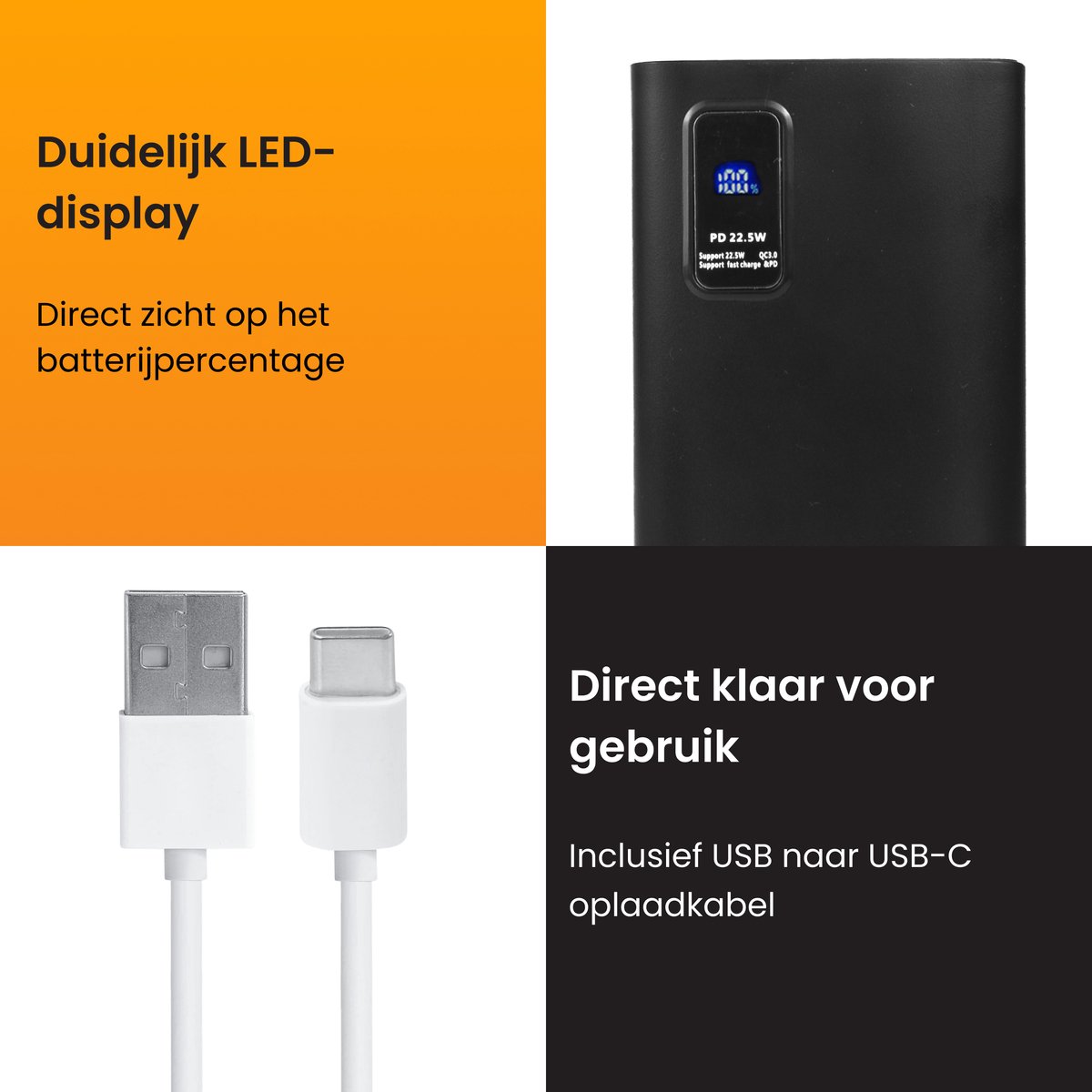 R2B Powerbank 30000 mAh Zwart met Snellader & LED Display - afbeelding 2