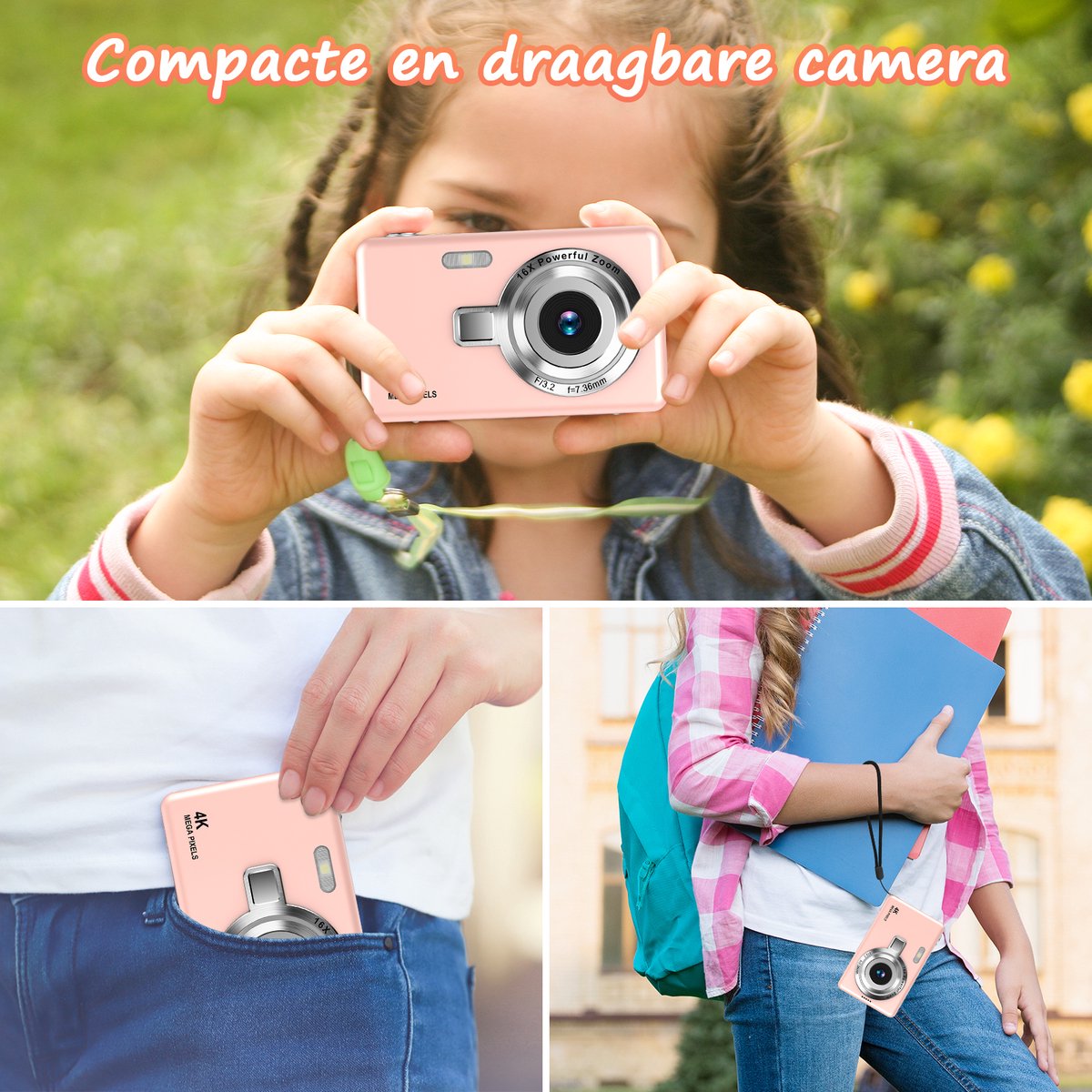 Digitale Camera 44MP - 1080P FHD Video - 2.4 Inch LCD Scherm - 16X Digitale Zoom - Compacte en Draagbare Vlogcamera - Anti Shake Functie - Inclusief 32GB SD Kaart - Roze thumbnail 3