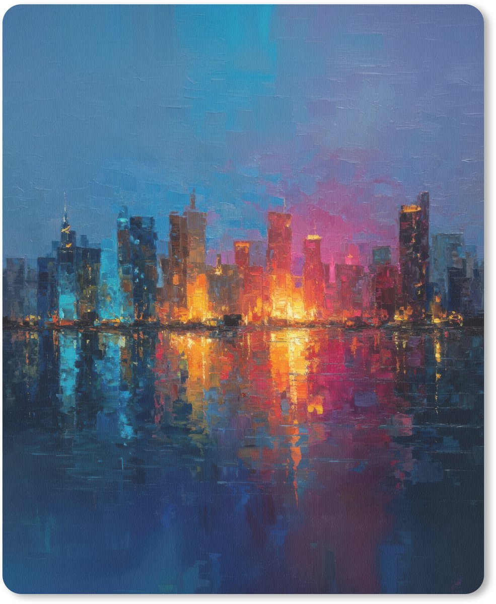 Muismat 19x23 cm - Mousepad Skyline - Penseelstreken - Donkerblauw - Lichtgevend - Muismatten