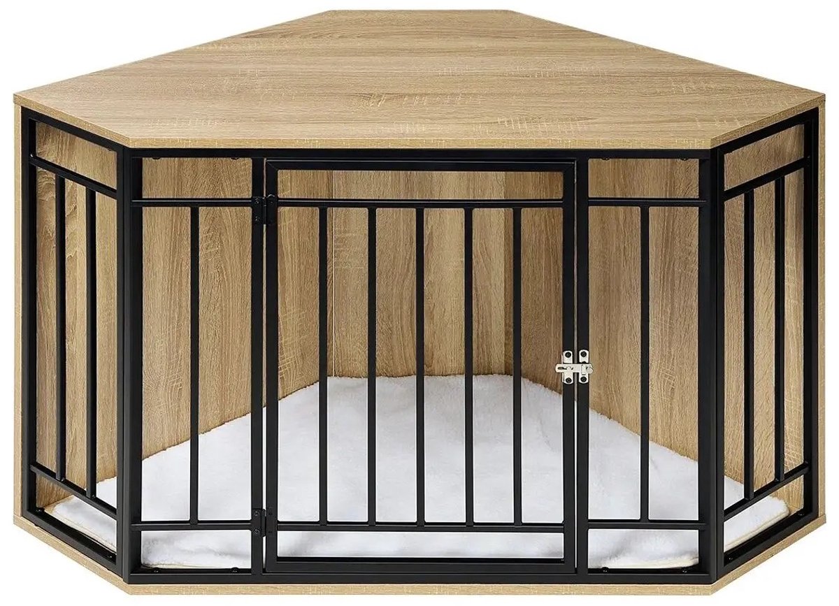 LabelOne Hondenbench - Bench - Bench Hond - Bijzettafel - afsluitbare deur - hoekmodel - incl. fleece kussen - 111x60x67 cm