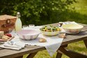 Picknicktafel met kommen, brood, kaas, fruit en een mand.