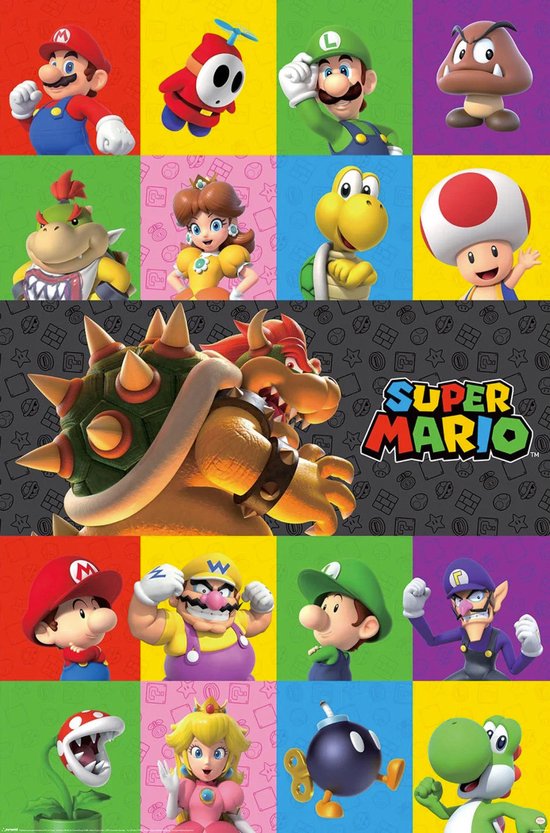 Maxi poster met 16 vierkante vakken, elk met een Super Mario personage. Grote afbeelding van Bowser in het midden.