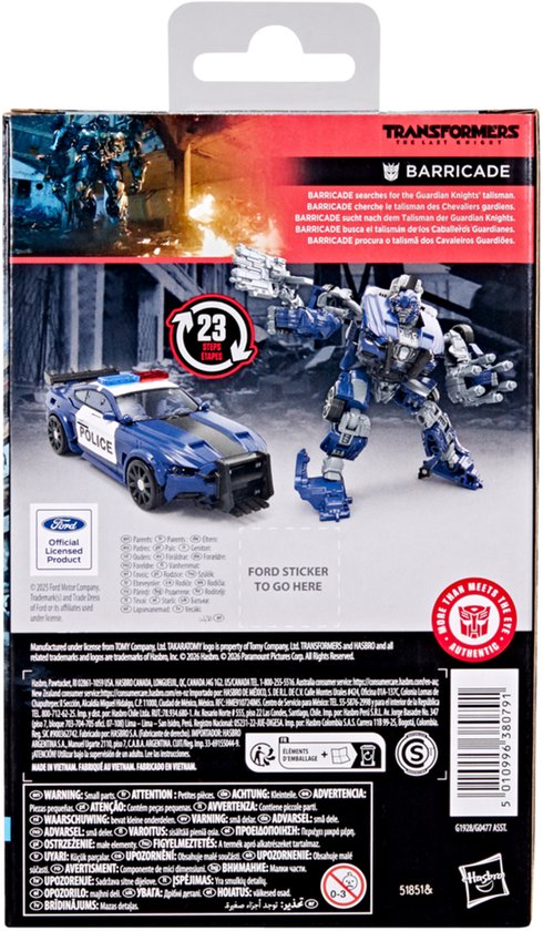 De achterkant van de verpakking van een Transformers Barricade-actiefiguur in de vorm van een politieauto. Met de tekst 'TRANSFORMERS' en 'BARricade'.