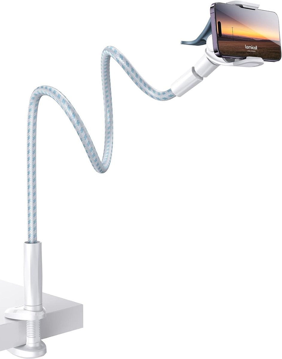 Famanu – Extra lange zwanenhals telefoonhouder met gevlochten arm en sterke klembasis