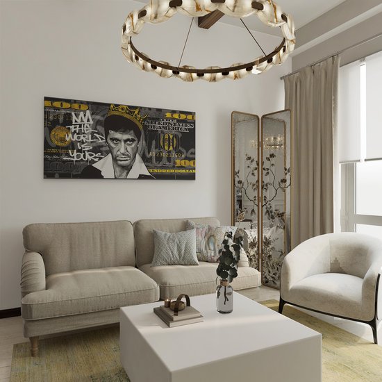 Artaza Canvas Tableau Iconique Tony Montana avec Couronne sur Billet de Cent Dollars - le Monde Est à Toi - 120x60 cm - Grand - Décoration Murale Salon - Tableaux - Décoration Murale