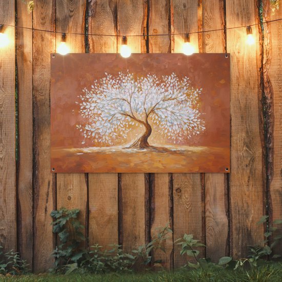 Poster de jardin 120x80 cm - Décoration de jardin Abstrait - Arbre - Blanc - Feuilles - Poster pour le jardin - Décoration extérieure - Tableau de jardin pour clôture - Toile de jardin décoration murale - Décoration de balcon