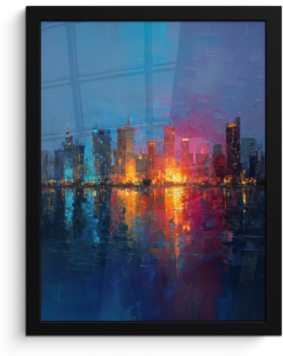 FrameYourWall Poster in lijst - Fotolijst 30x40 cm - Posters - Skyline - Penseelstreken - Donkerblauw - Lichtgevend - Posterlijst zwart - Decoratie - Wanddecoratie woonkamer - Muurdecoratie slaapkamer