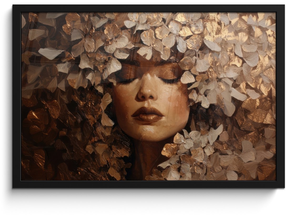 FrameYourWall Poster in lijst - Fotolijst 60x40 cm - Posters - Gezicht - Vrouwe - Bladeren - Penseelstreken - Posterlijst zwart - Decoratie - Wanddecoratie woonkamer - Muurdecoratie slaapkamer Gezicht - Vrouw - Bladeren