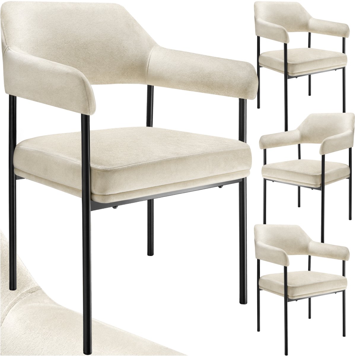Tectake Eetkamerstoel met Armleuning - Fluweelzachte stof - Doé – Gestoffeerd met Stalen Poten - set van 4 - offwhite offwhite velvet