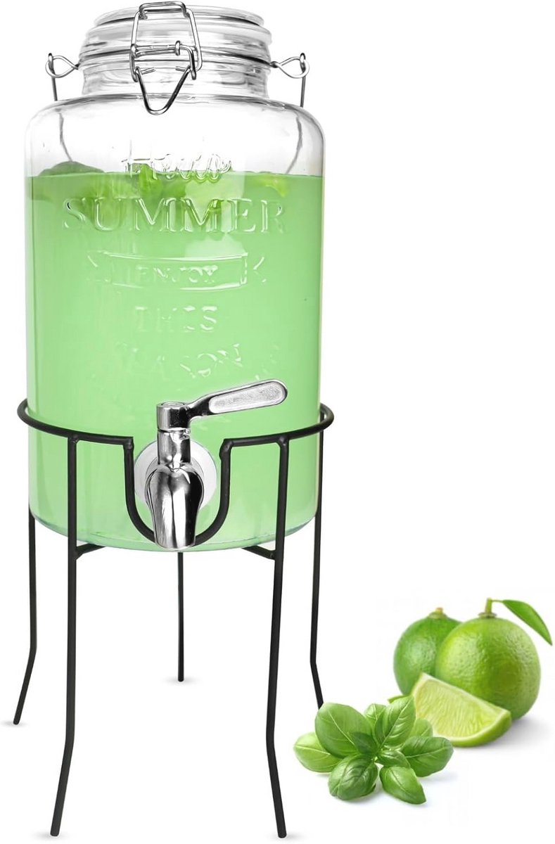 Stijlvolle drankdispenser met roestvrijstalen tapkraan en glazen deksel