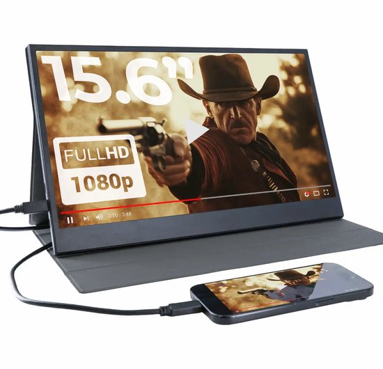 Denver Portable Monitor - Full HD - 15.6" - Draagbare Monitor - Lederen Hoes - HDMI - USB-C - PMO15604