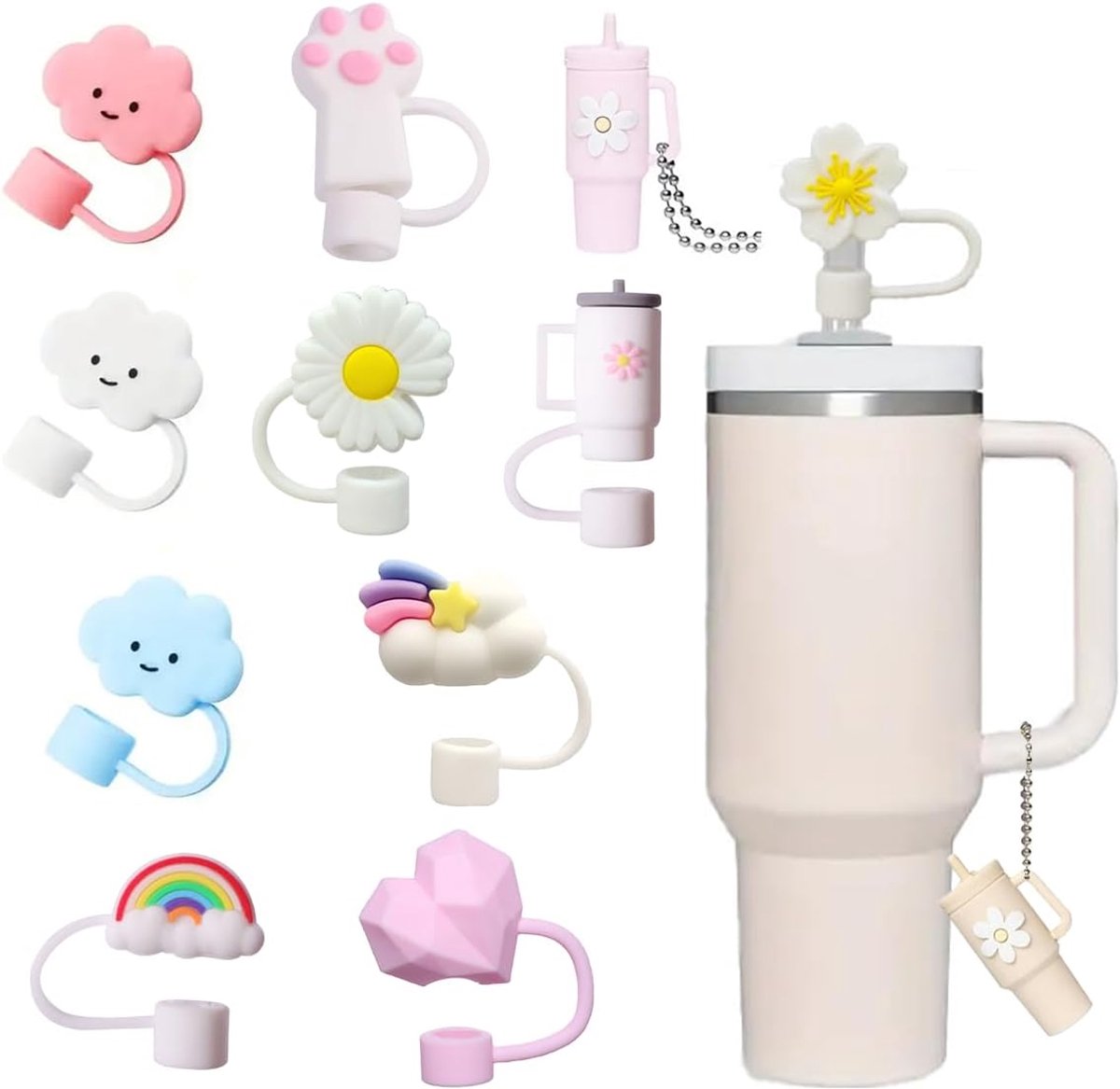 Ultiluxe® Accessoire set voor Stanley Cup - 12 delig - Lekvrije beschermers voor drinkbekers - Siliconen rietjes afdekking - Geschikt voor Stanley bekers - Bloemen, regenboog, hartje, wolkjes - Thermobekers