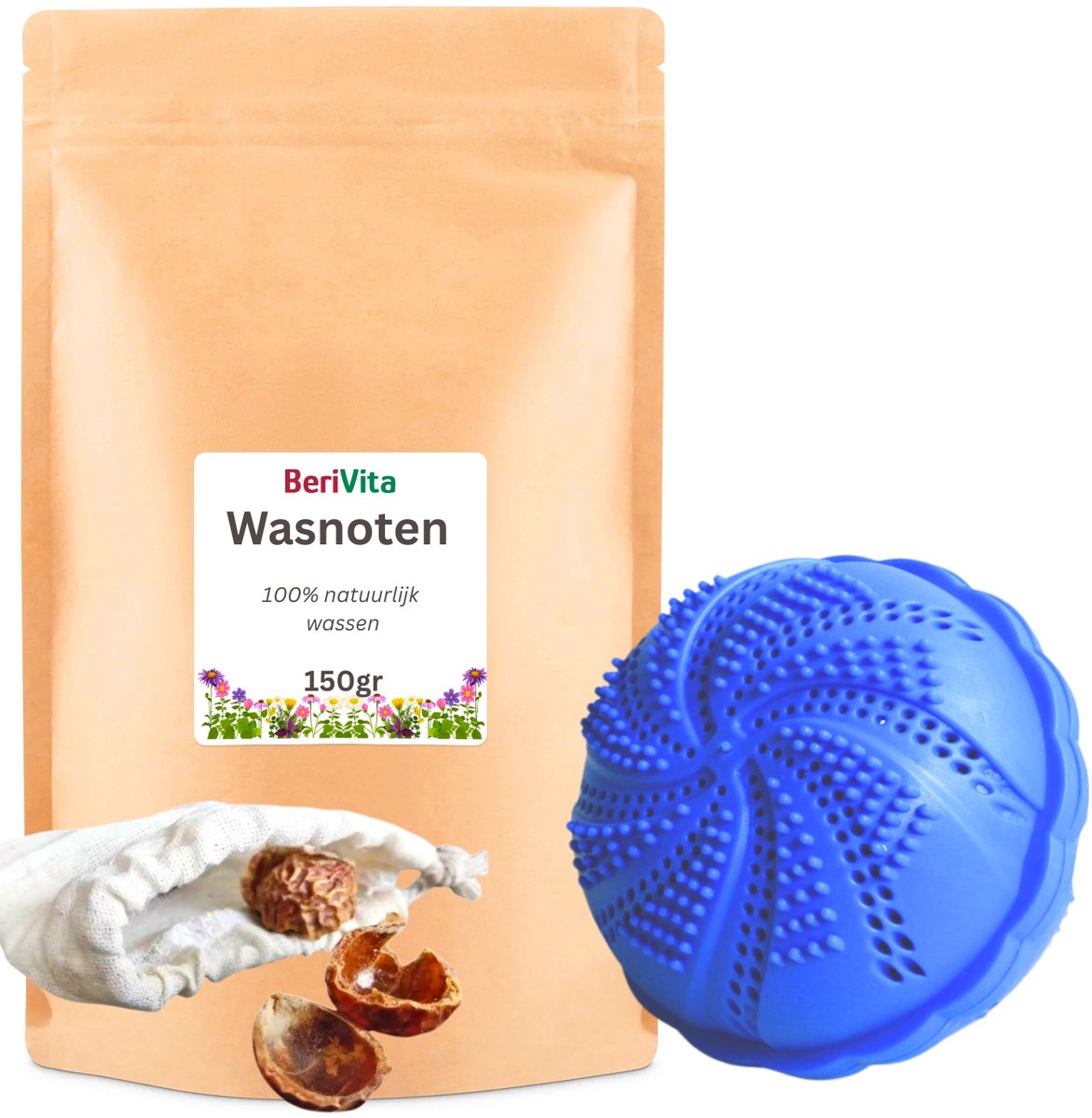 Combinatieset: Wasbal 1x en Wasnoten 150gr - Wassen Zonder wasmiddel - Wasnoten, Zeepnoten 150gr met Waszakje en Wasbal voor Wasmachine