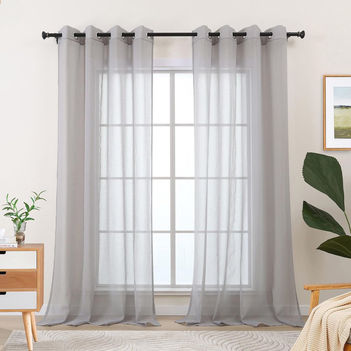Transparante gordijnen set van 2 voor slaapkamer en woonkamer, lichtgrijs, met plooiband, modern, 145 cm