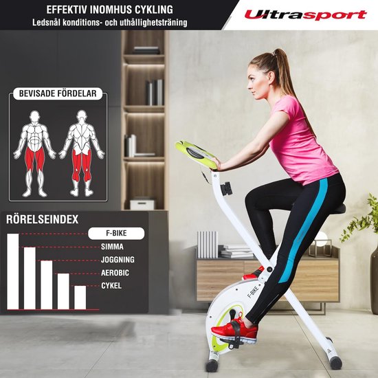 Vrouw op witte en groene hometrainer in een interieur, met tekst "Effectieve indoor cycling" en grafieken van spiergroepen en bewegingsindex.