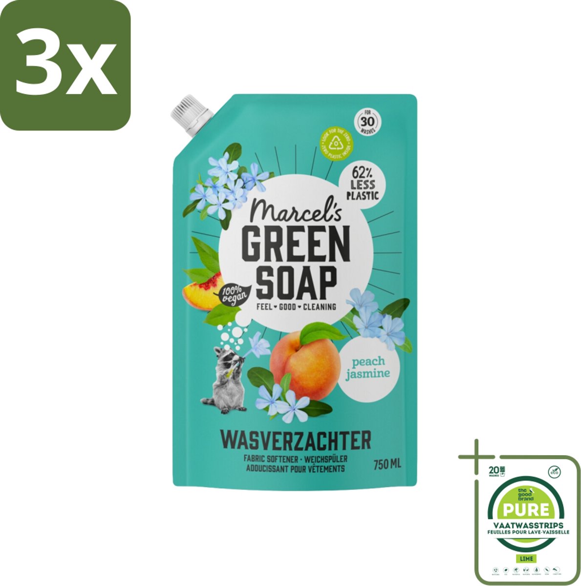 3 x Marcel’s Green Soap – Wasverzachter – Peach & Jasmine Navulling – 750 ml - Grootverpakking - Wasverzachter - Wasverzachter Navulling - Wasverzachter Perzik En Jasmijn - Wasverzachter Voor Kleding - Wasverzachter Voor Beddengoed