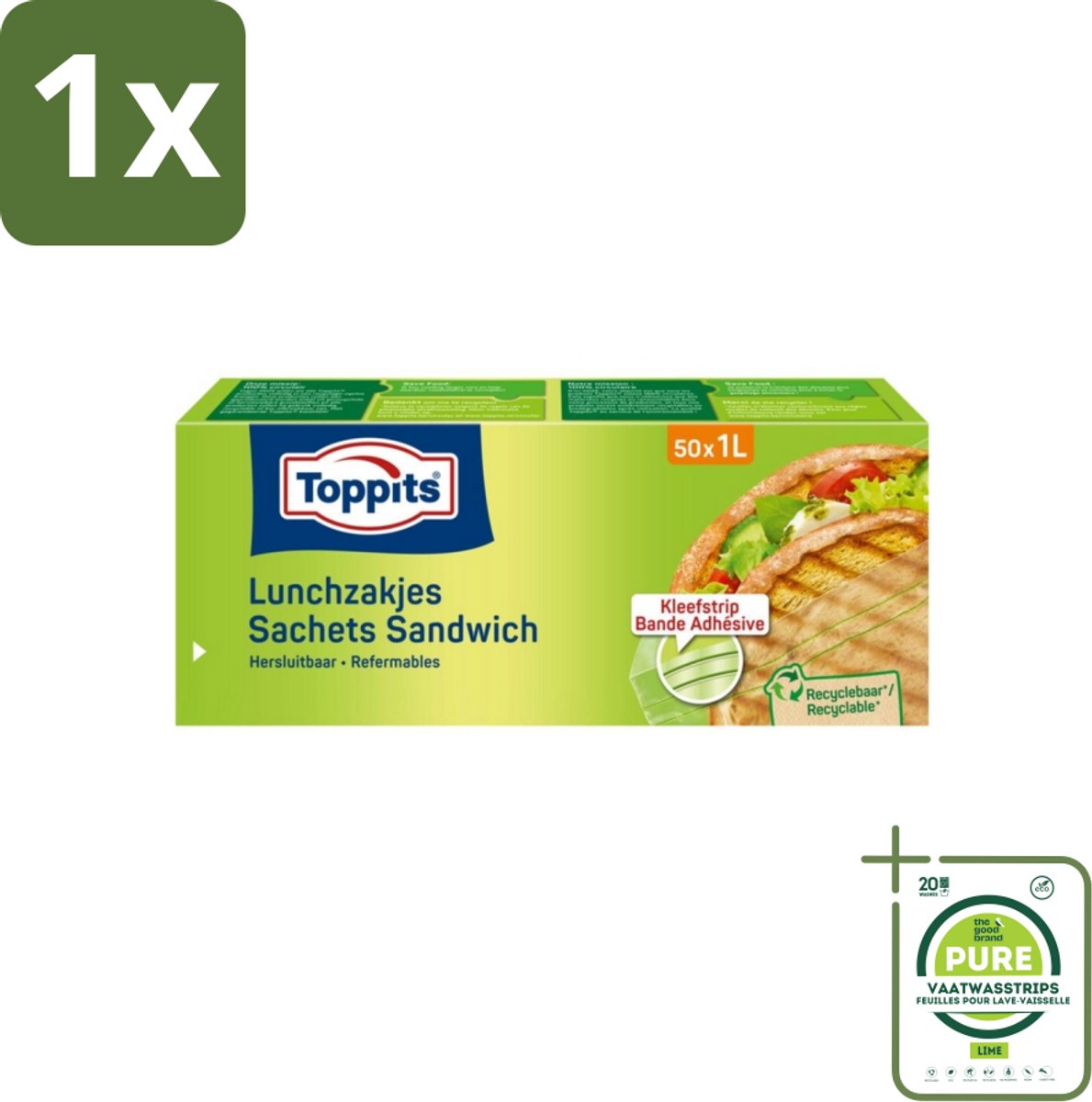 1 x Toppits – Lunchzakjes – Hersluitbaar – 1 Liter – 50 Zakjes - Sandwichzakjes - Lunchzakjes - Snacks - Broodjes - Fruit