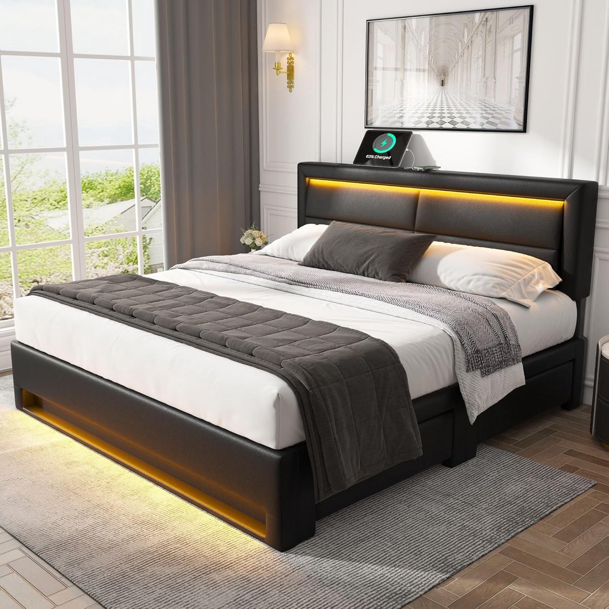 Gestoffeerd Tweepersoons Bed met USB-oplaadpoort, LED-verlichting en Vier Opberglades (140x200 cm)