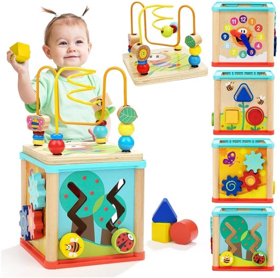Topbright Houten Vormen Sorteer Activiteiten Kubus Speelgoed - 5 in 1 activiteiten kubus