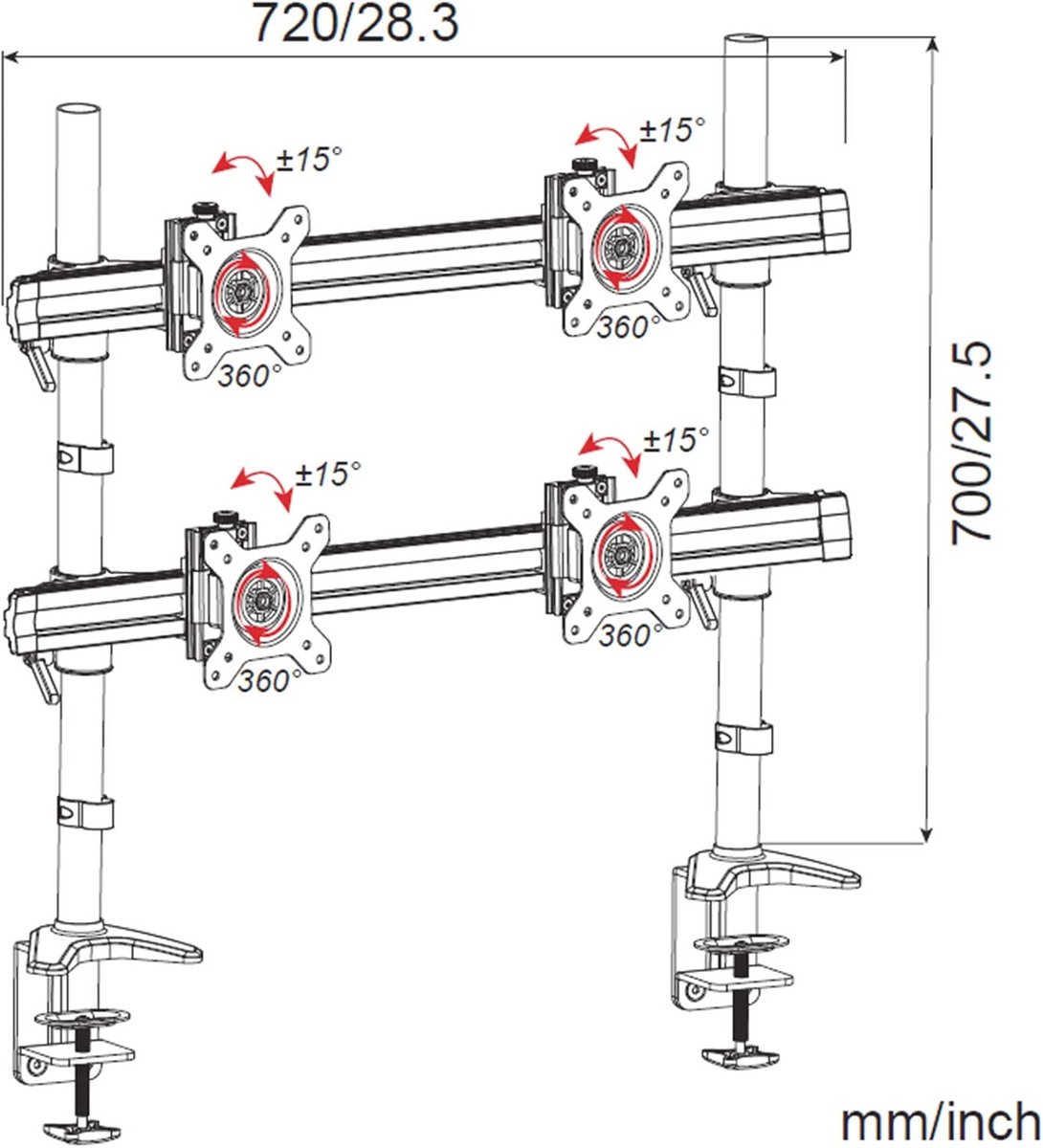 Monitorarm voor 4 schermen - verstelbare tafelsteun voor 15-27 inch schermen - VESA 75/100