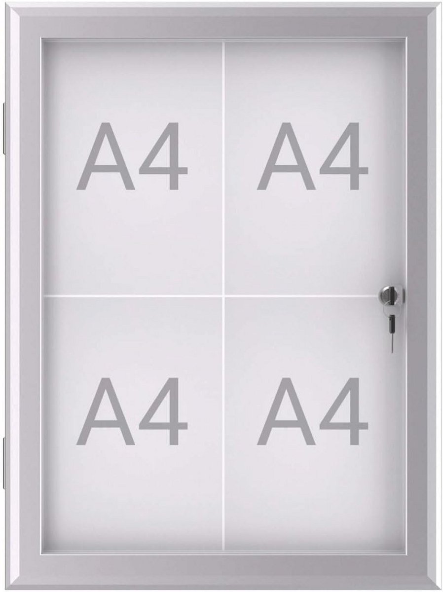 Showbox voor Presentaties 4 x A4 met Aluminium Frame en Glazen Deur