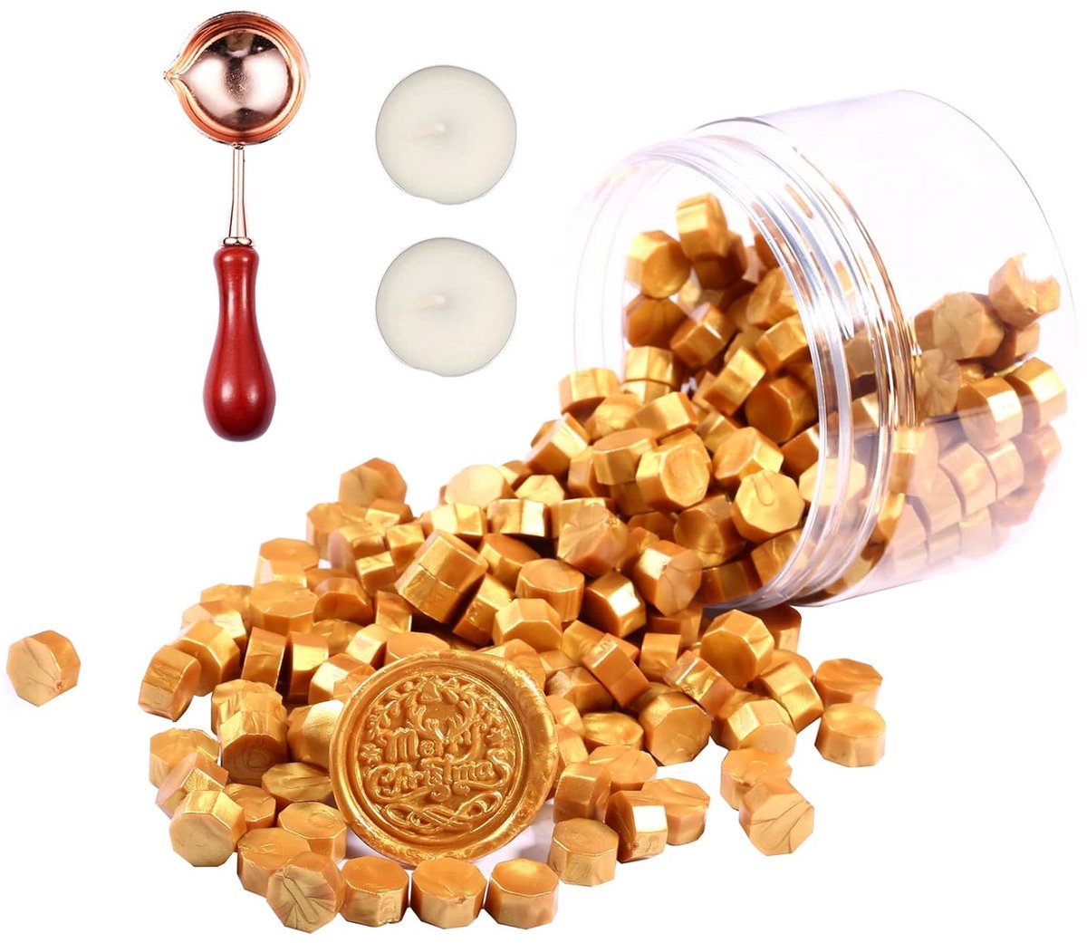 Gouden Zegelwaxset - 248 Stuks Achthoekige Zegelwasparels met Theelichtjes en Smeltlepel voor Waxzegelstempel