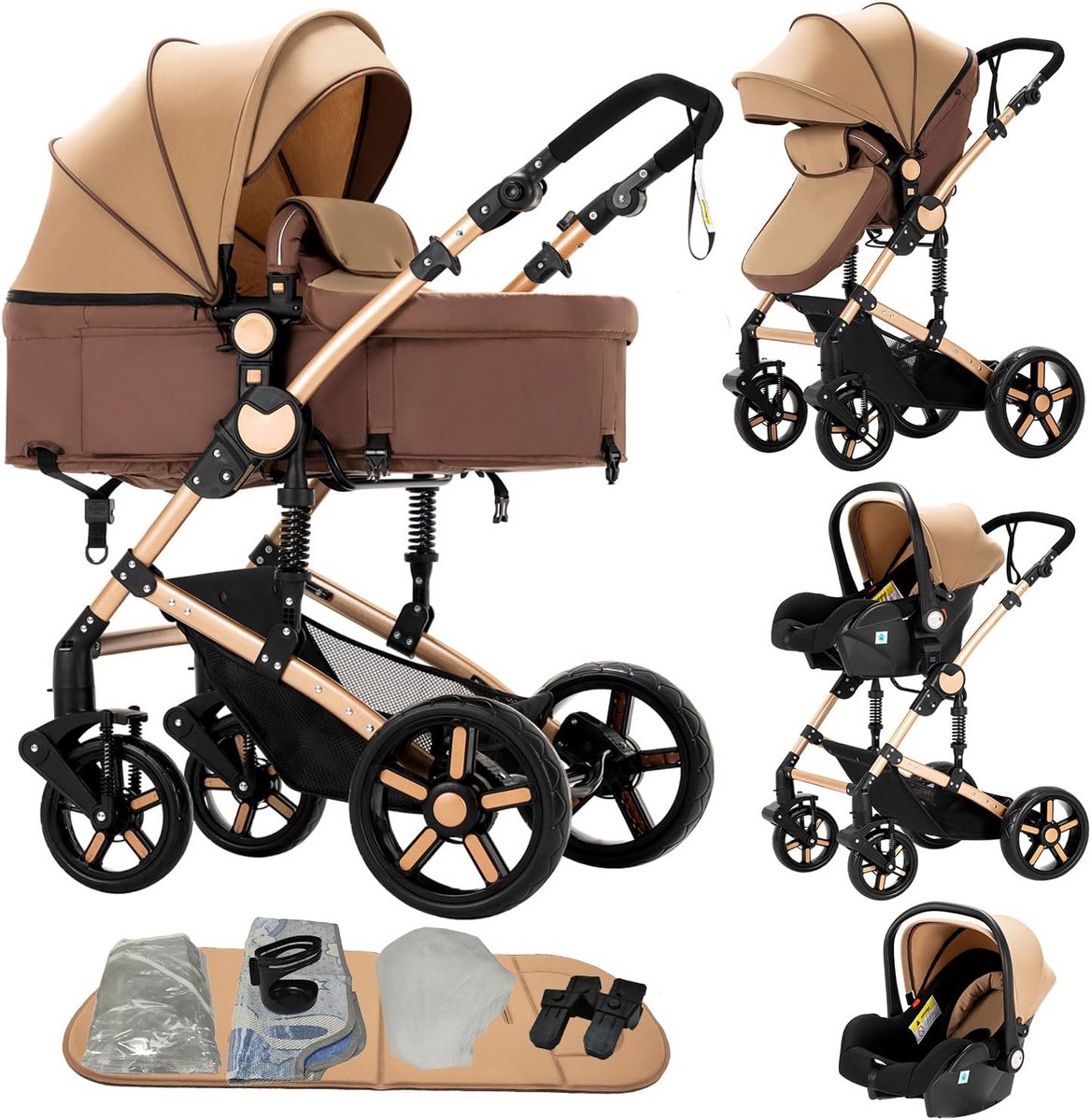 3-in-1 Kinderwagen - Trio Kinderwagen voor Pasgeborenen met Omkeerbare Duwmodi en Inklapbaar Ontwerp
