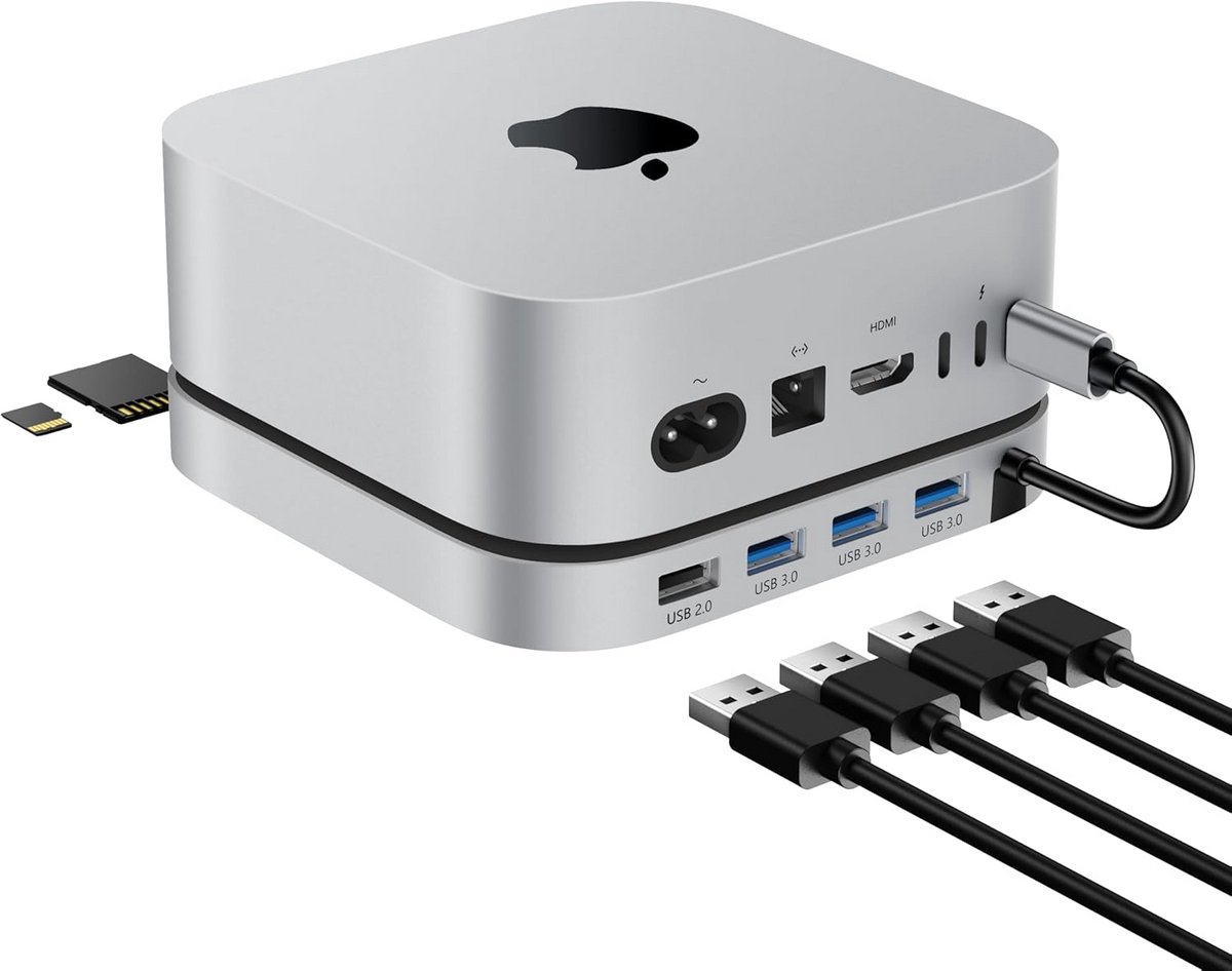 Dockingstation voor Mac Mini M4 / M4 Pro: USB 3.0 Hub, SD/TF Kaartlezer, Aluminium Koeling