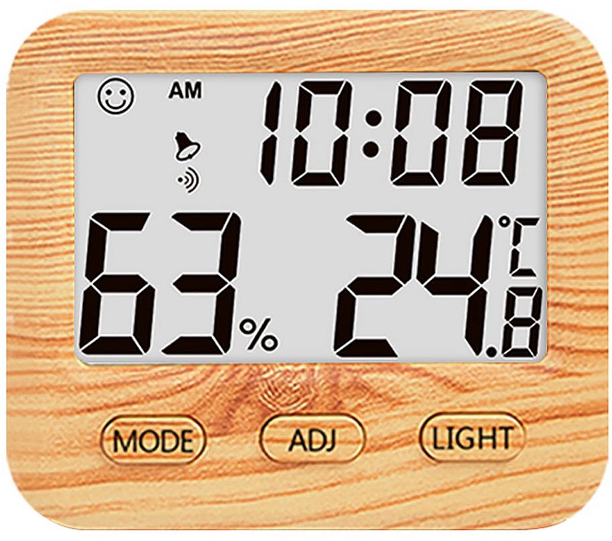 Digitale hygrometer en temperatuur-vochtigheidsmeter met achtergrondverlichting en bureauklok
