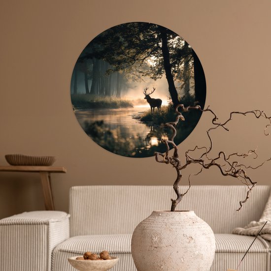 WallCircle® - Cercle de papier peint 50x50 cm - Stickers muraux Cerf - Ruisseau forestier - Mystique - Cercle mural salon - Cercle mural chambre - Décoration murale autocollante - Accessoires de Décoration murale