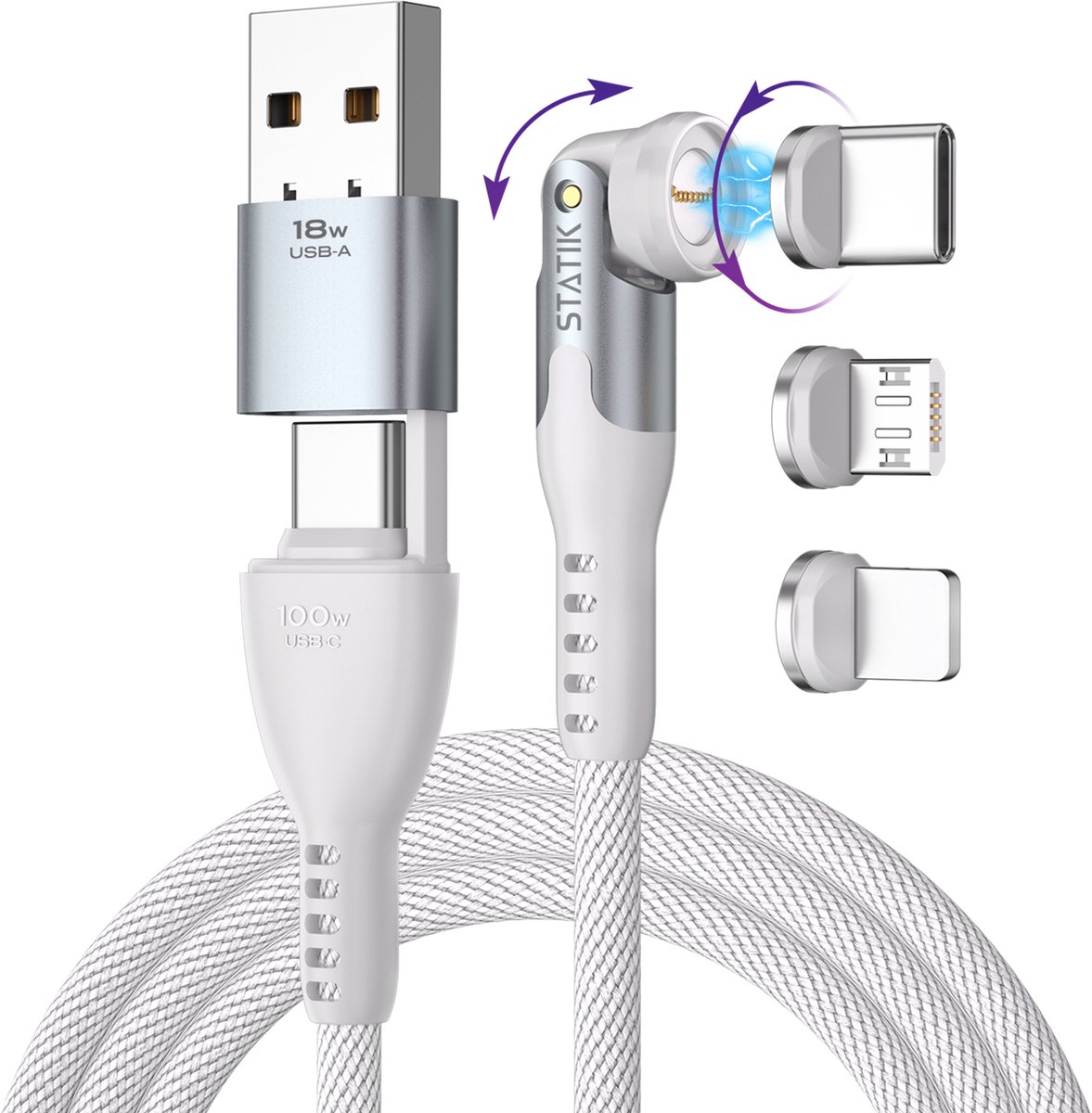 Statik 360 Pro Universeel Magnetisch oplaadkabel - 2m - wit - Nylon gevlochten - 100W