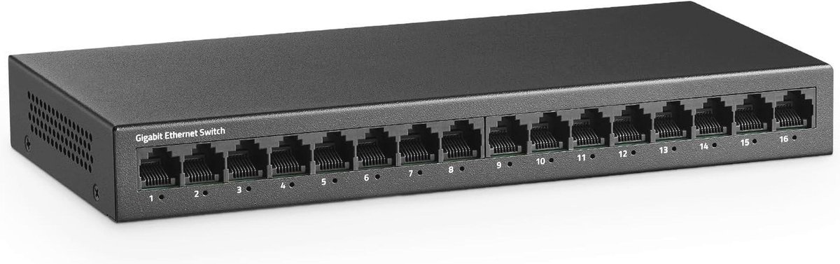 Gigabit Ethernet-switch 16 poorten - Ventilatorloze metalen rackmontage - Onbeheerde Plug and Play Netwerkswitch