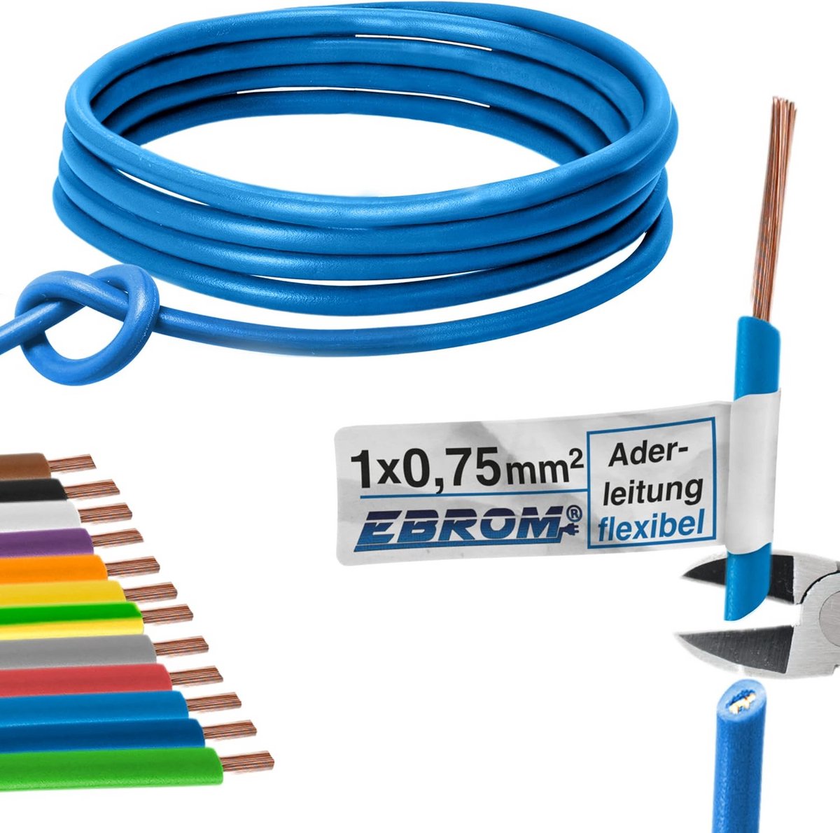 Enkele Aderige Flexibele PVC Stroomdraad, 0,75 mm², Diverse Lengtes, Lichtblauw