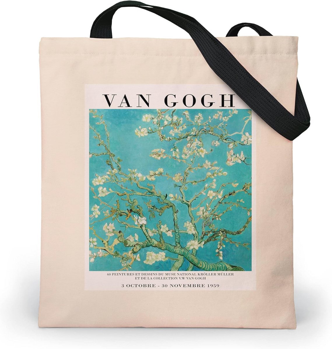 Loxato Tote Bag Met Ritssluiting - Schoudertas Dames Groot B37 H 42 cm - Buideltas - Stoffen Tas Bedrukt, Van Gogh - Almond Blossom