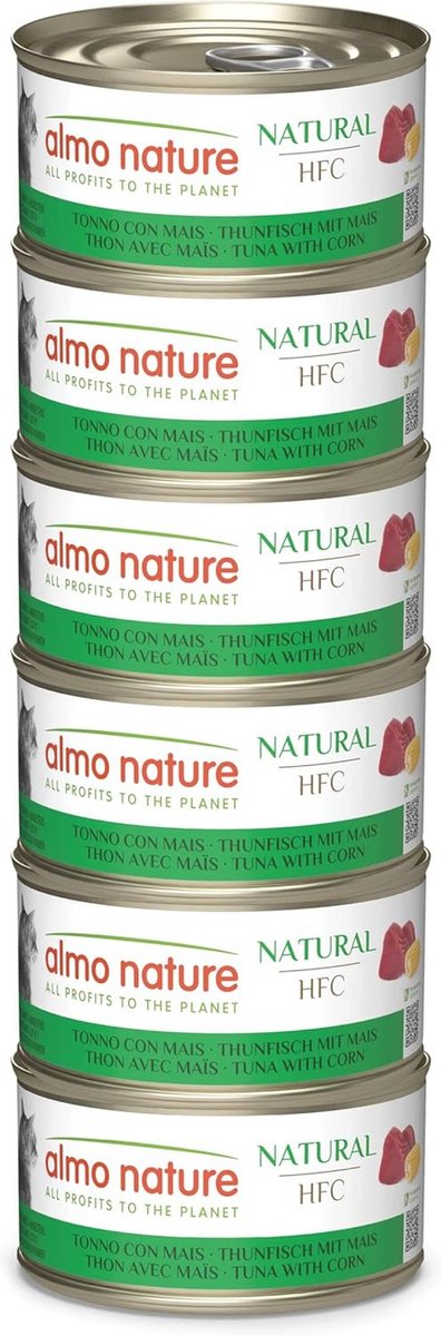 Almo Nature HFC Natural - Natvoer voor Volwassen Katten - Tonijn en Maïs - Human Grade, Glutenvrij, Monoproteïne - 70g, Pak van 6