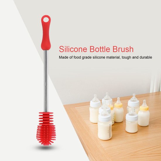 Multifunctionele siliconen flessenborstel - Siliconen flessenborstel met lange steel - Babyflessenborstel - Rood - Siliconen reinigingsborstel - met antisliphandvat — afbeelding 4