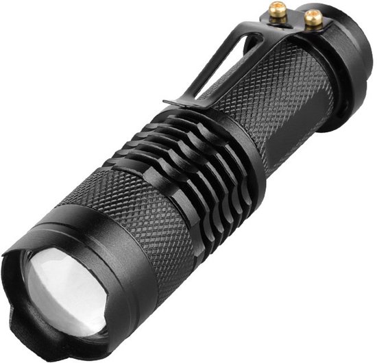 Zwarte zaklamp met een geribbelde grip en metalen clip, op een witte achtergrond.