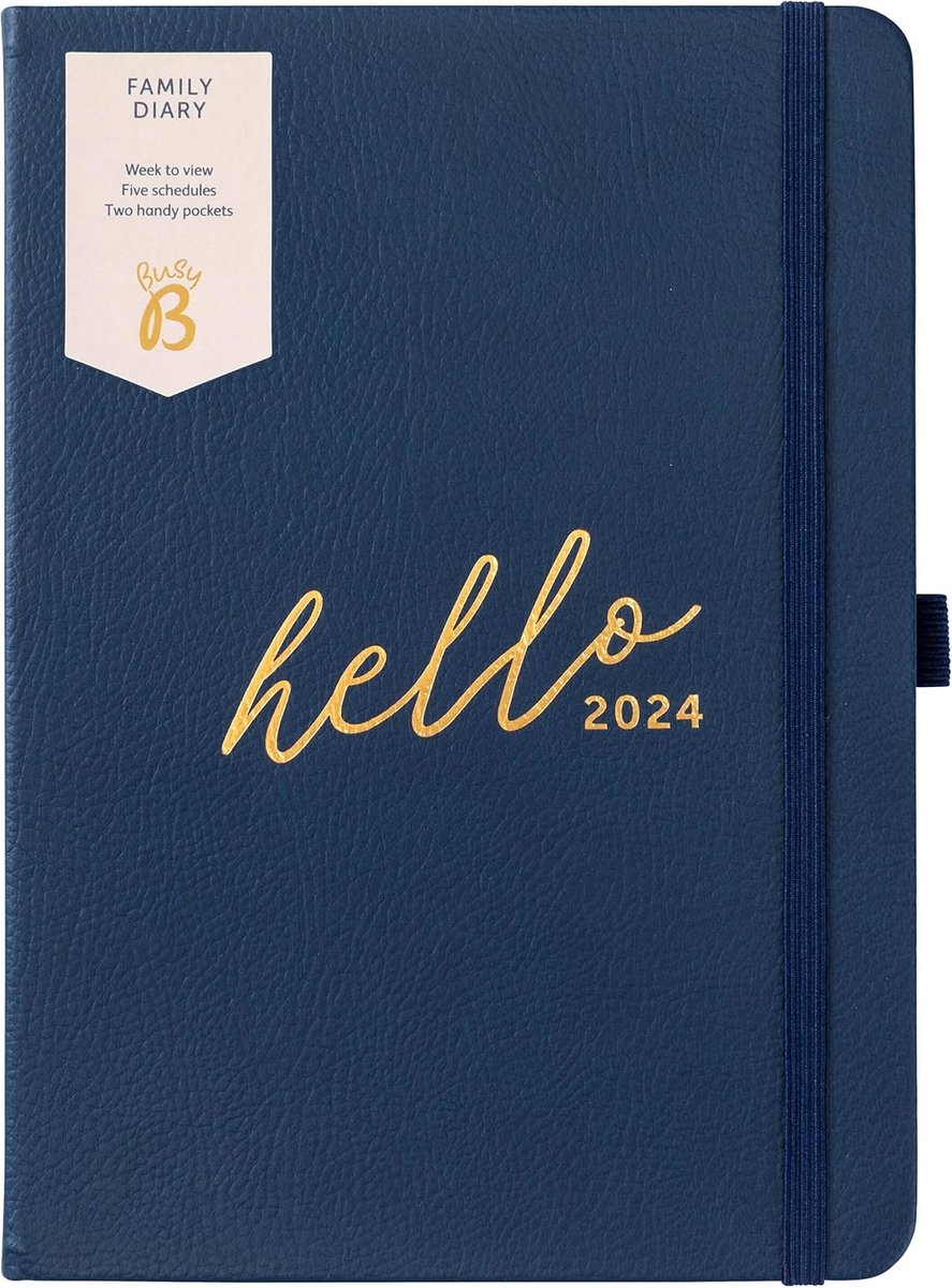Gezinsagenda 2024 A5 - Weekoverzicht in navy blauw, kunstleer, met 5 afsprakenplanners
