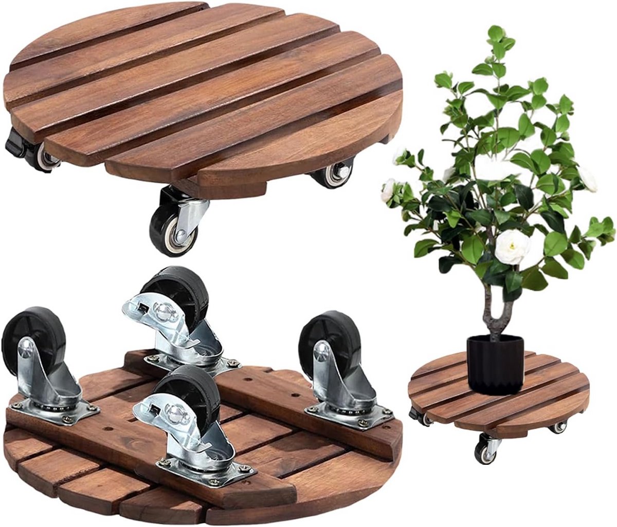 2x Plantenroller Hout met 360° Zwenkwielen - Heavy Duty Bloempot Onderzetter Binnen & Buiten