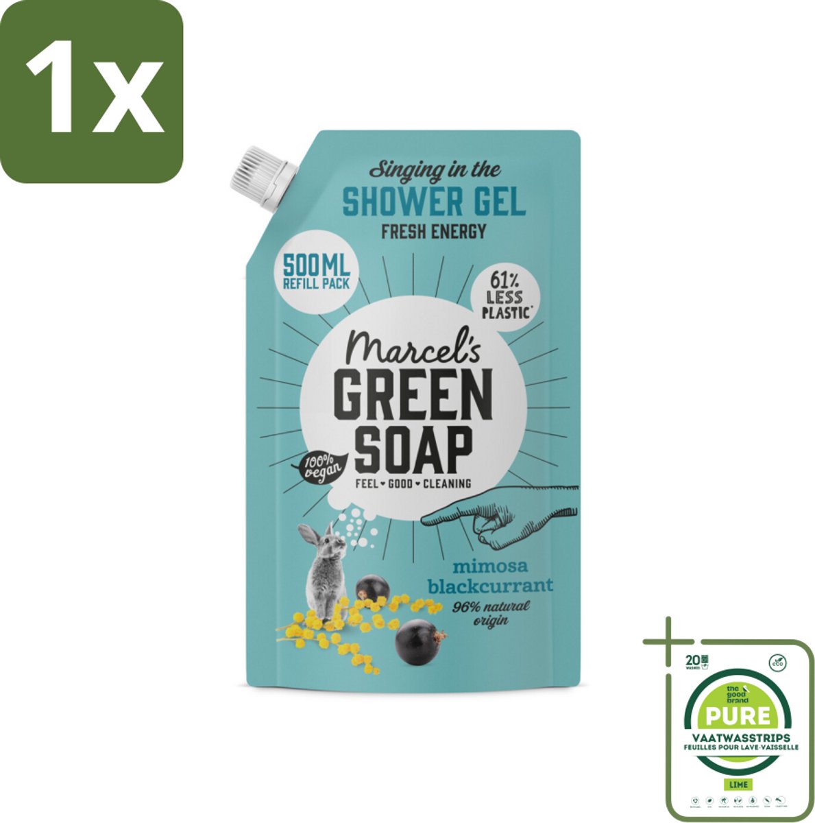 1 x Marcel's Green Soap - Douchegel - Navulling - Mimosa & Zwarte Bes - Voor dagelijks gebruik - 500 ml - Douchegel Navulling - Milieuvriendelijke Douche - Biologische Douchegel - Vegan Douchegel - Mimosa Geur