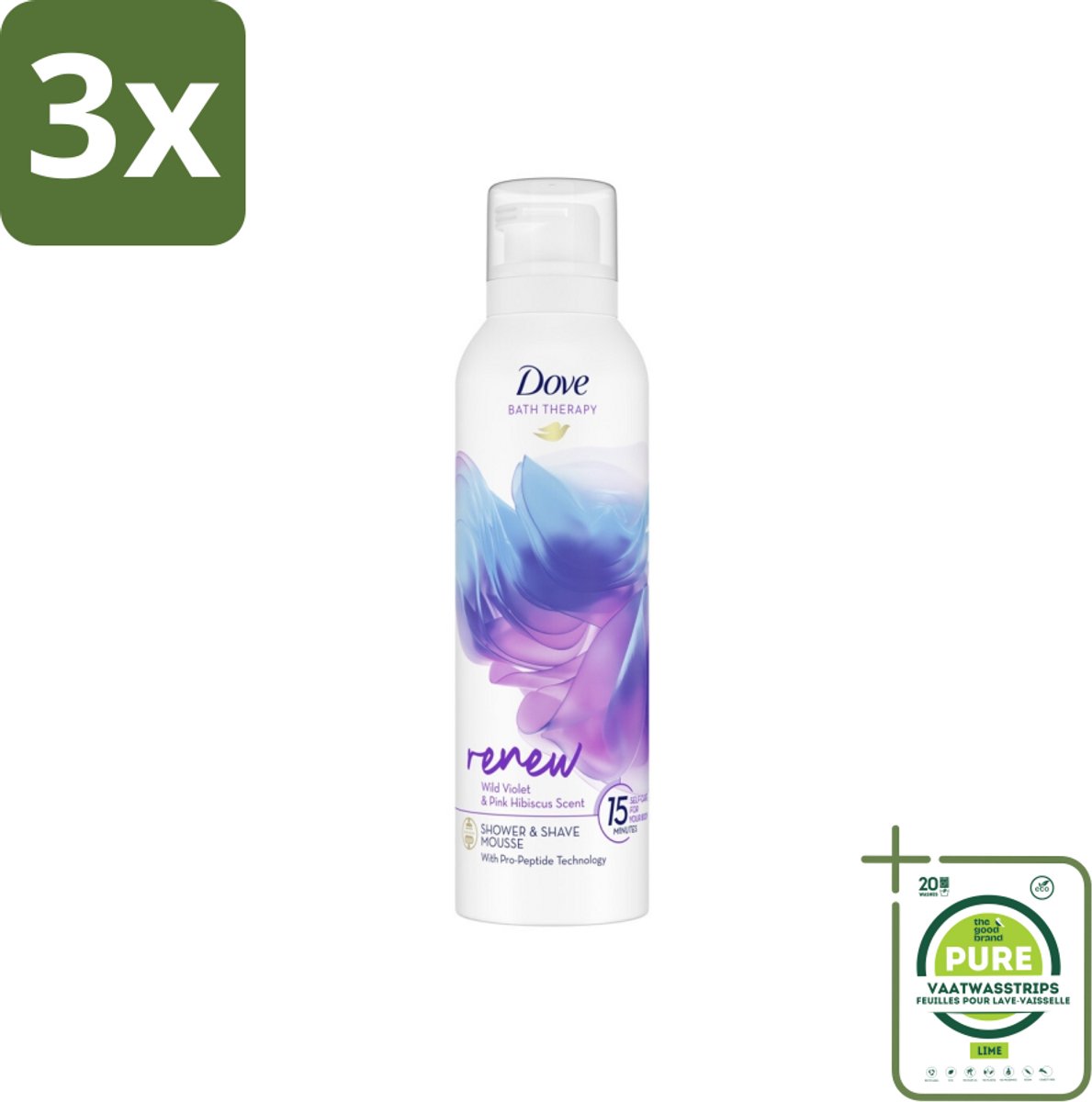 3 x Dove Douche- & Scheerschuim - Bath Therapy - Renew - Violet & Hibiscus - 200 ml - Grootverpakking - Douche Schuim - Scheerschuim - Dove - Pro-Peptide - Huidverzorging